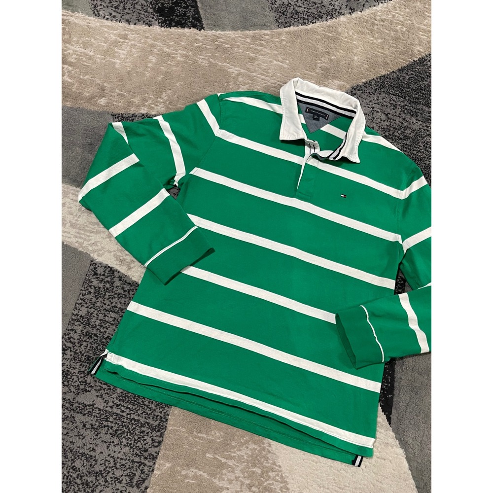 Tommy Hilfiger Rugby Polo Shirt Men 2XL Green White Striped Long Sleeve Preppy‎